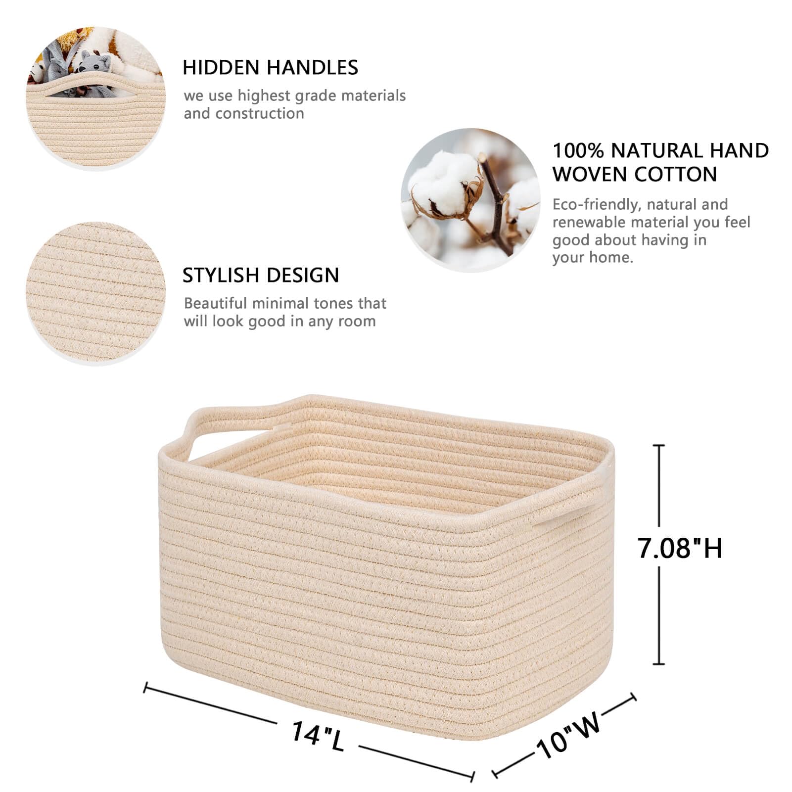 CubesLand Rectangular Cotton Rope Basket, 14x10x5 Inches, Beige, Nursery Storage Bin