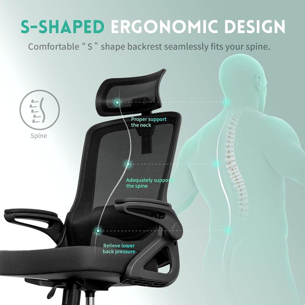 Ergonomic Office Chair, Adjustable Lumbar Support & Rotatable Headrest, 90° Flip-Up Armrests – Breathable Mesh Desk Chair with Thickened Cushion, 360 Swivel – Easy Assemble for Home/Gaming/Office