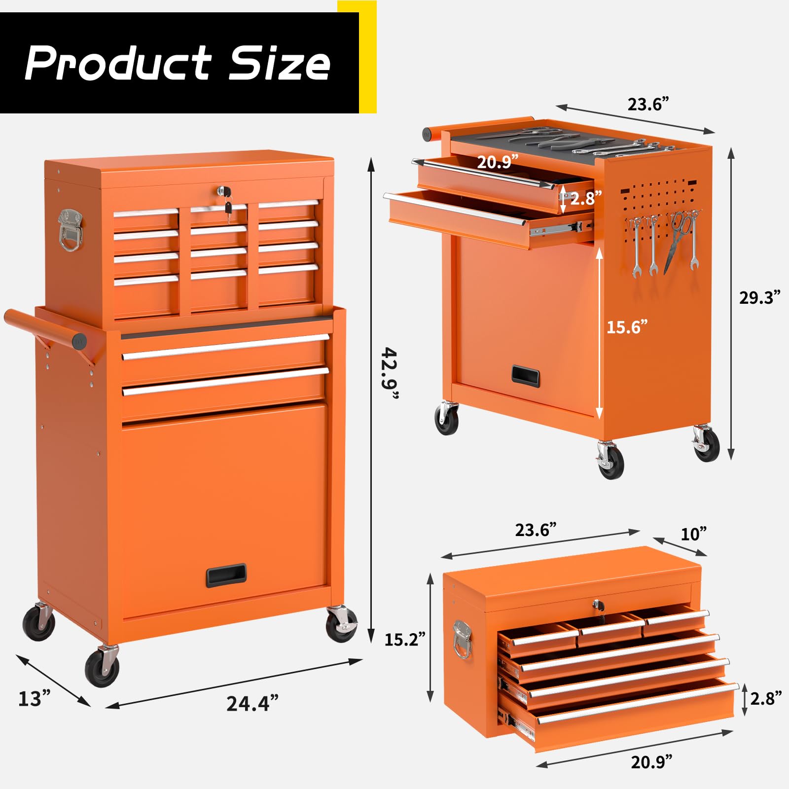 On Shine 8 Drawer Rolling Tool Chest, Large Capacity Rolling Tool Box with Wheels, Locking Mechanical Tool Chest, Portable Tool Box with Sliding Drawers for Garage Workshop and Tool Room (Black)