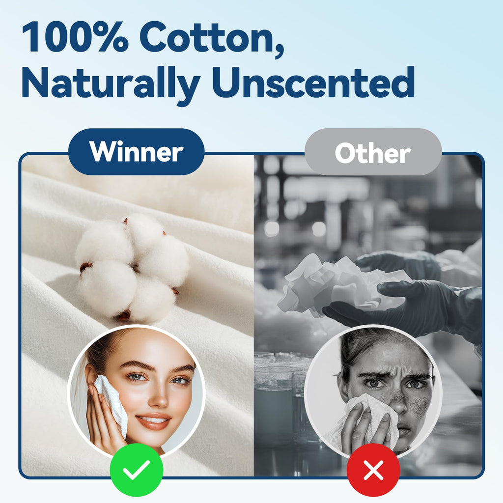 Winner Face Towels Soft Pack, 100% USDA Biobased Facial Towels, Unscented Cotton Tissues for Sensitive Skin, OEKO-TEX Certified Face Towelettes Disposable, Makeup Remover Dry Wipes, 100 Ct, 1 Pack