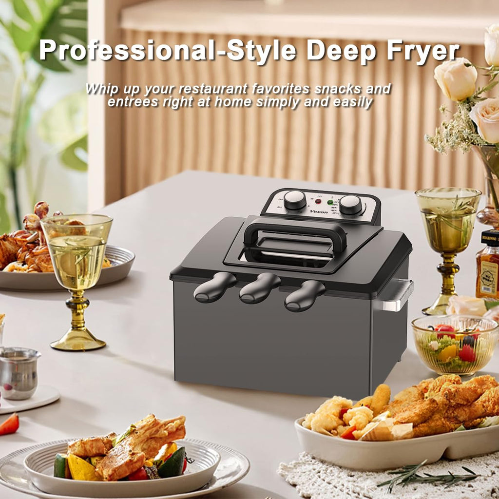 1800W 5 Liters/21 Cups Large Electric Deep Fryer with 3 Frying Baskets, Adjustable Temperature,View Window Lid,Countertop Stainless Steel Body Deep Fryer Pot,Perfect for Kitchen, Fry Fish for Home Use