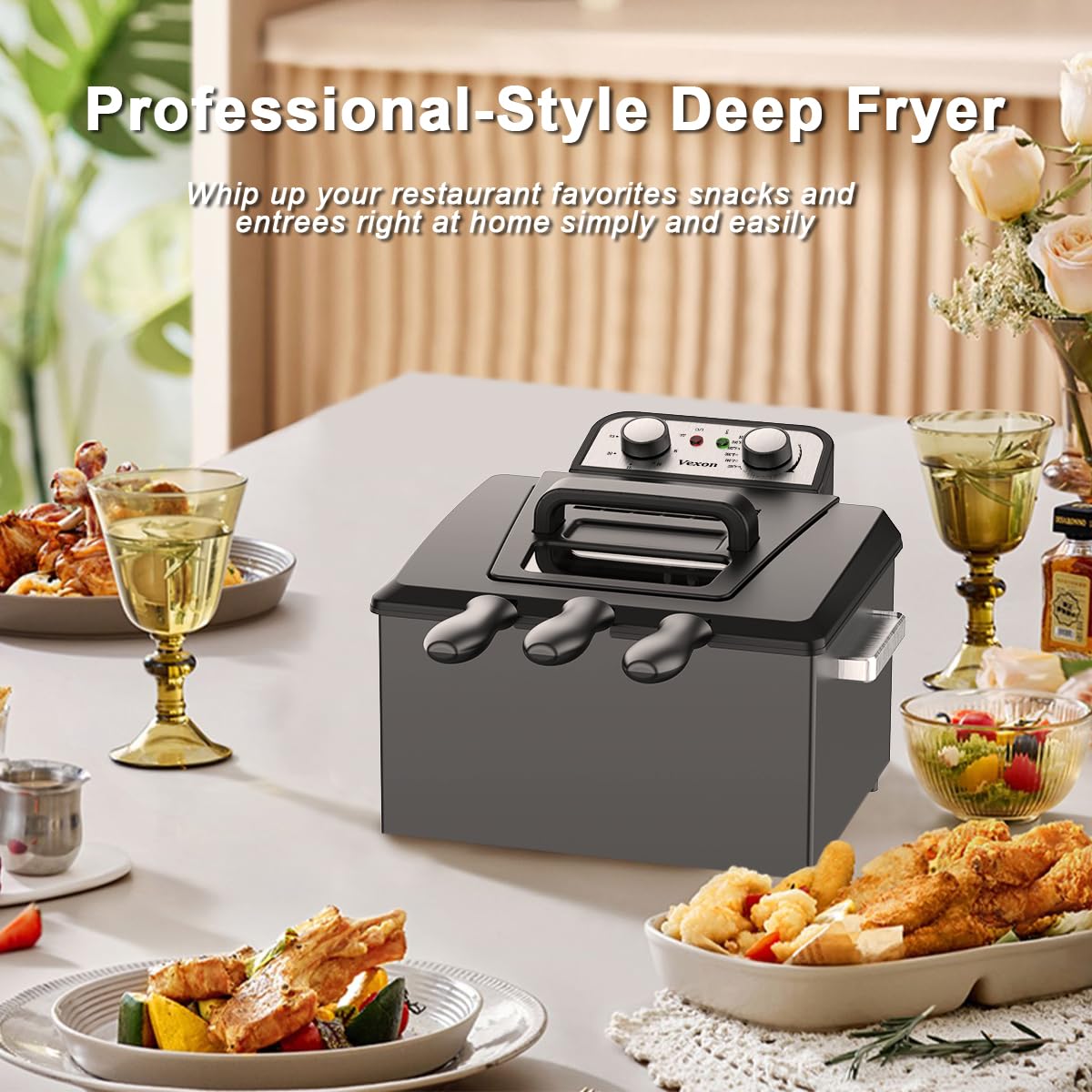 1800W 5 Liters/21 Cups Large Electric Deep Fryer with 3 Frying Baskets, Adjustable Temperature,View Window Lid,Countertop Stainless Steel Body Deep Fryer Pot,Perfect for Kitchen, Fry Fish for Home Use