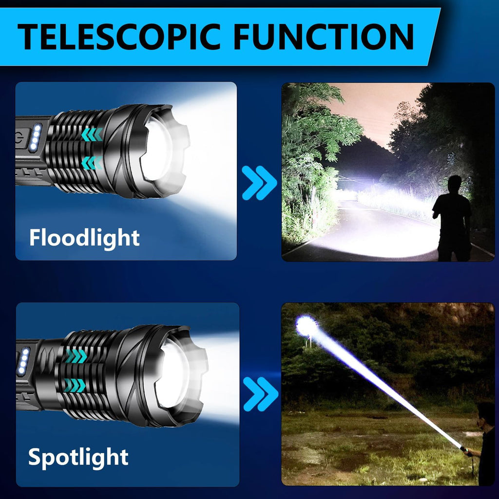 Rechargeable LED Flashlights, 90,000 Lumens Super Bright Flash Light, 7 Modes with COB Work Light, IPX6 Waterproof, Adjustable Tactical Powerful Handheld Flash light for Home,Camping and Emergencies