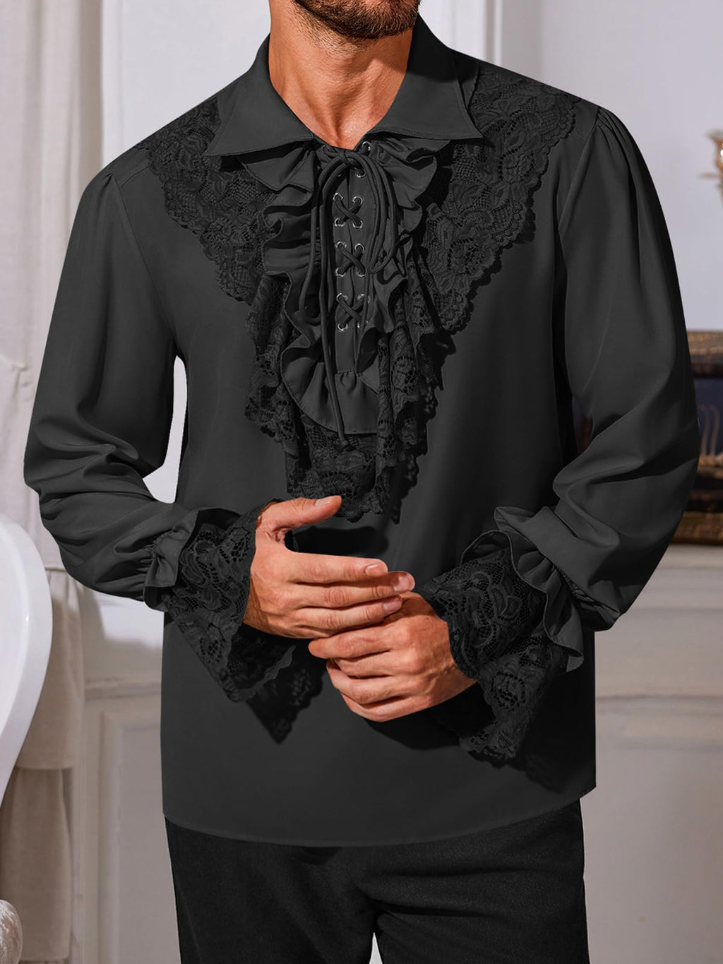 Runcati Mens Pirate Shirt Ruffle Renaissance Victorian Vampire Poet Shirts Steampunk Gothic Medieval Lace Costume