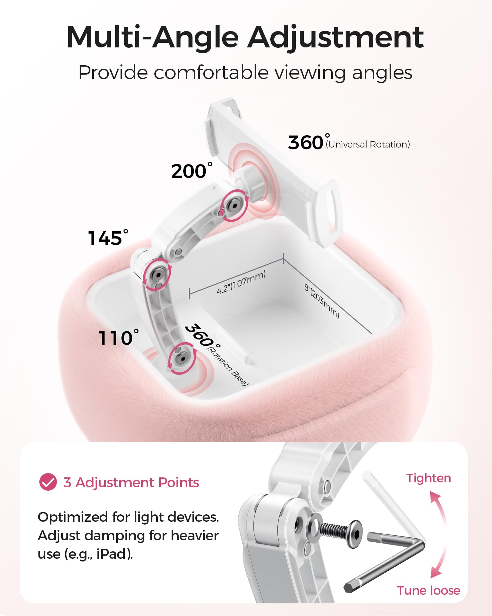 LULULOOK Tablet Pillow Stand, Compatible with iPad, iPhone and 4.7-14.6”Tablet, 360° Adjustable Kindle Pillow Stand for Bed with Ultra Fluffy Fabric & Snack Bowl (Cloudy White)