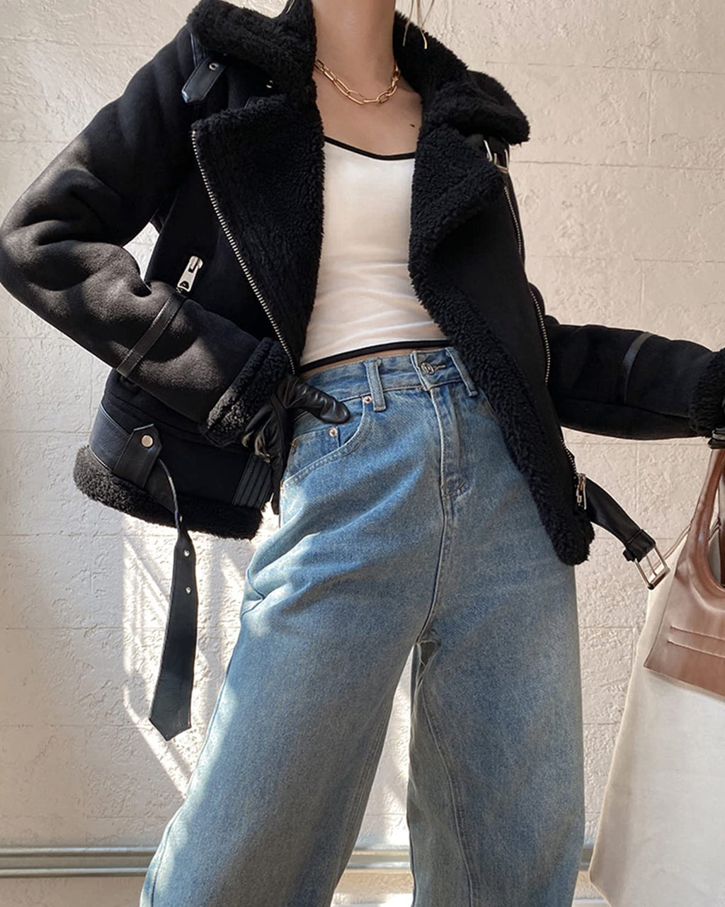 LY VAREY LIN Women's Faux Shearing Moto Jacket Thick Lined Parka Winter Shearling Coat Leather Jacket