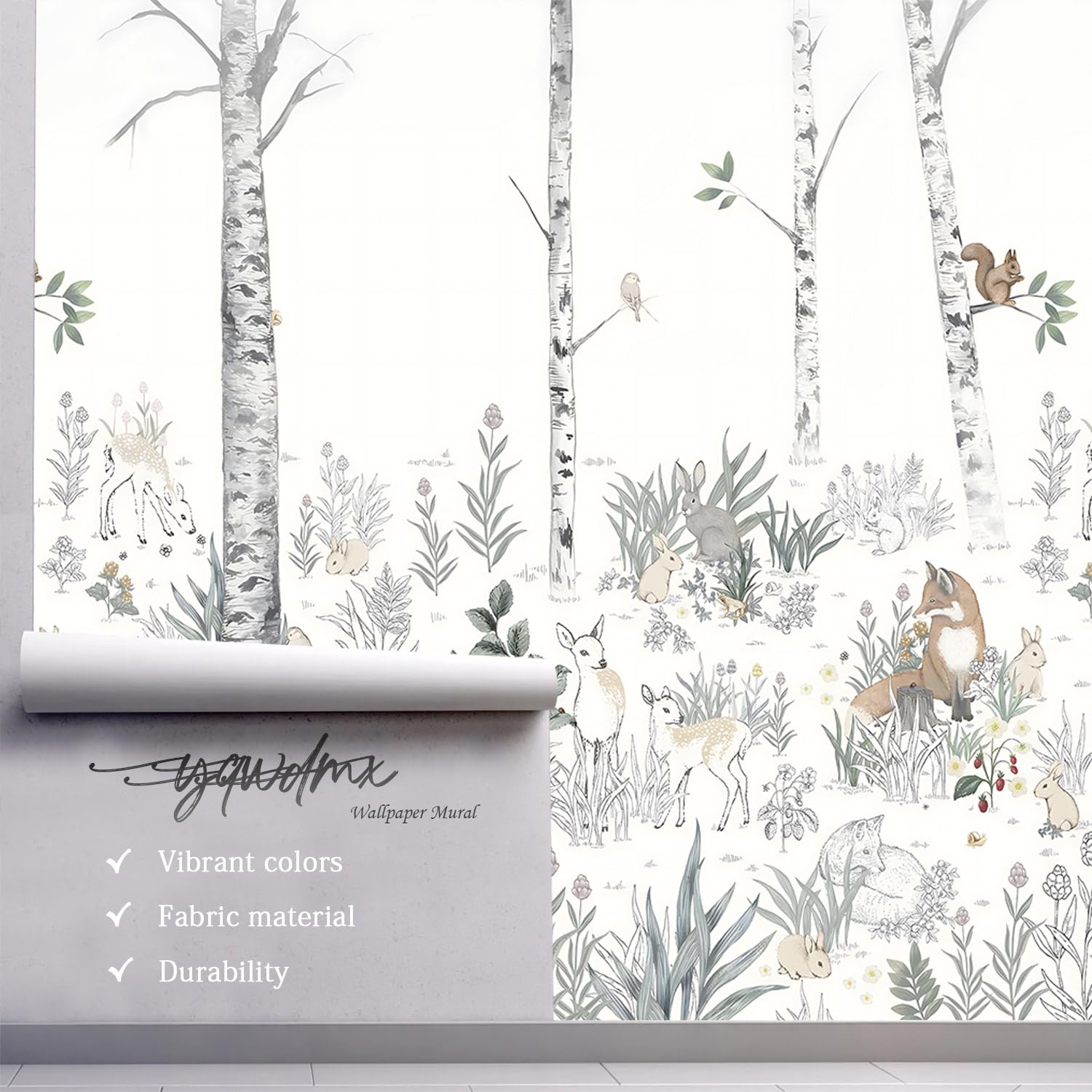 YQWDMX -Nursery Cartoon Woods Hand-Painted Animal Wallpaper Children's Room XT10 S 100" x 65"