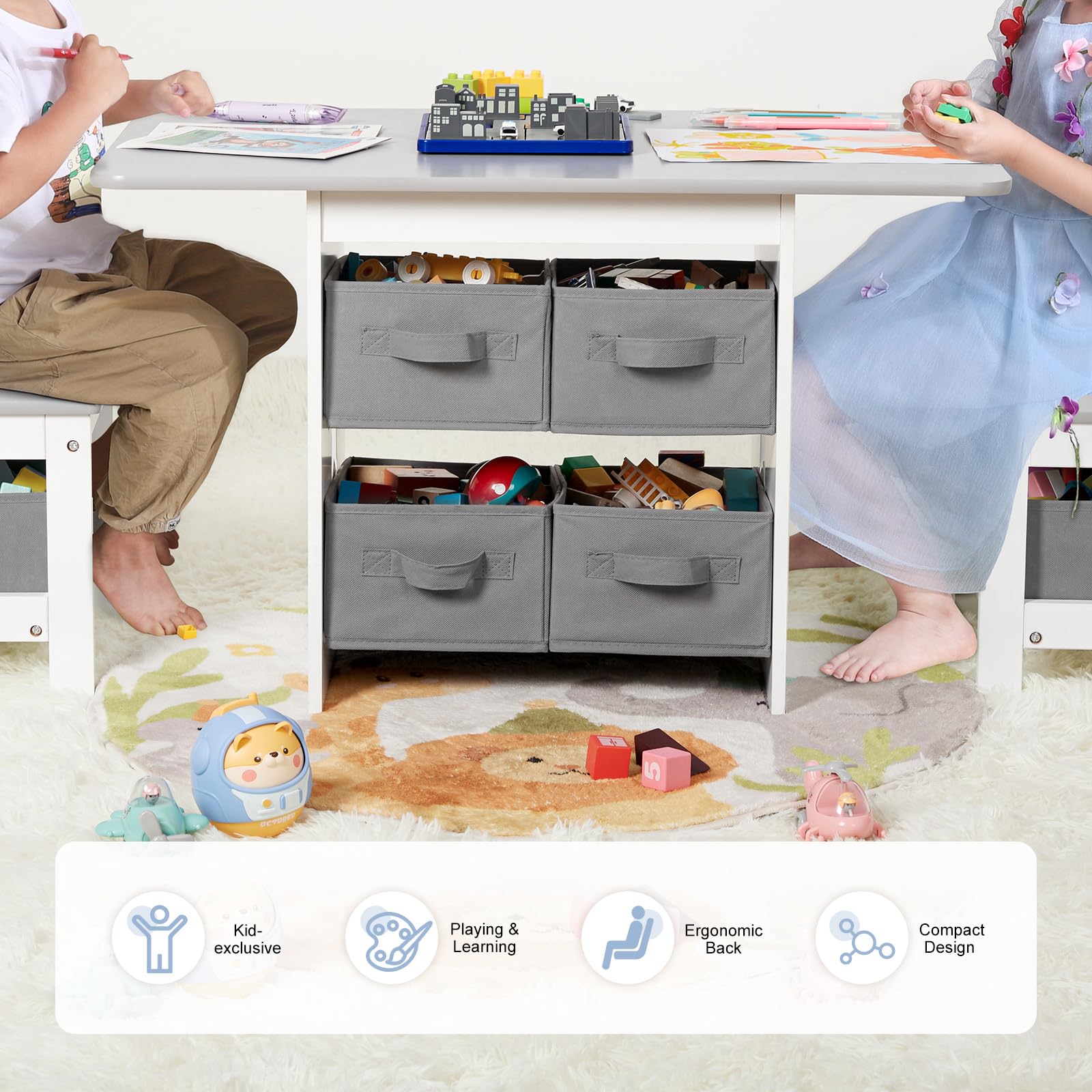 Kids Table and Chair Set (2 Chairs Included), Wooden Toddler Desk Group with 6 Storage Bins Boxes, Children's Furniture, Water Resistant (Gray)