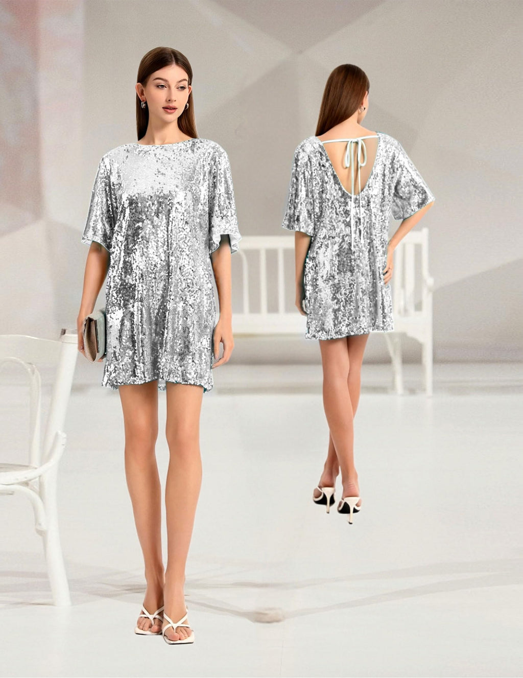 Women's Crew Neck Sequin Dress for Women Sexy V Neck Shirt Dress Sparkly Half Sleeve Loose Party Club Cocktail Dress