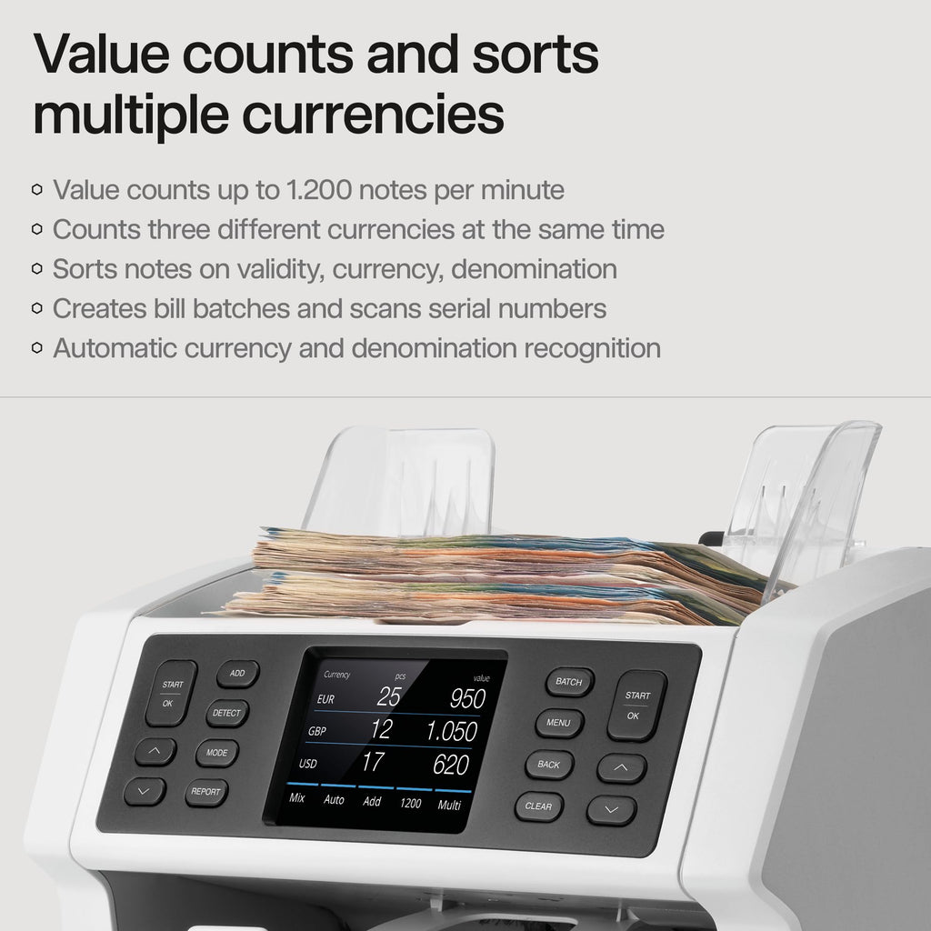 Safescan 2210 Money Counter Machine with Counterfeit Detection, Add/Batch Modes, LCD-Display, High-Speed Counts 1,000 bills per minute, 2 Point Counterfeit Check - Sorted Counter for All Currencies