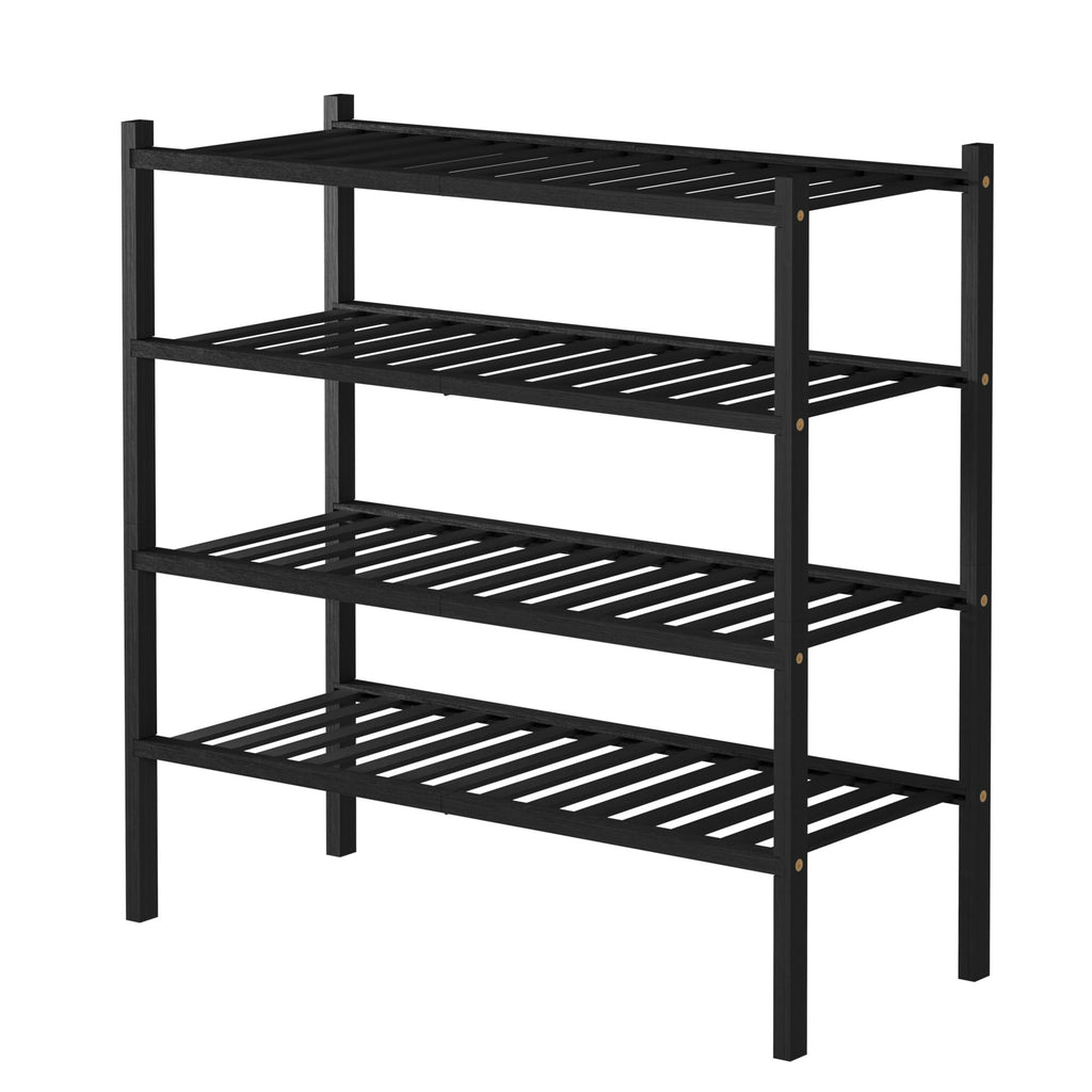 ROMGUAR CRAFT 2-Tier Bamboo Long Shoe Rack, Free Standing Wood Shoe Shelf Storage Organizer for Closet Entryway Stackable 35"x11"x13" (Black)