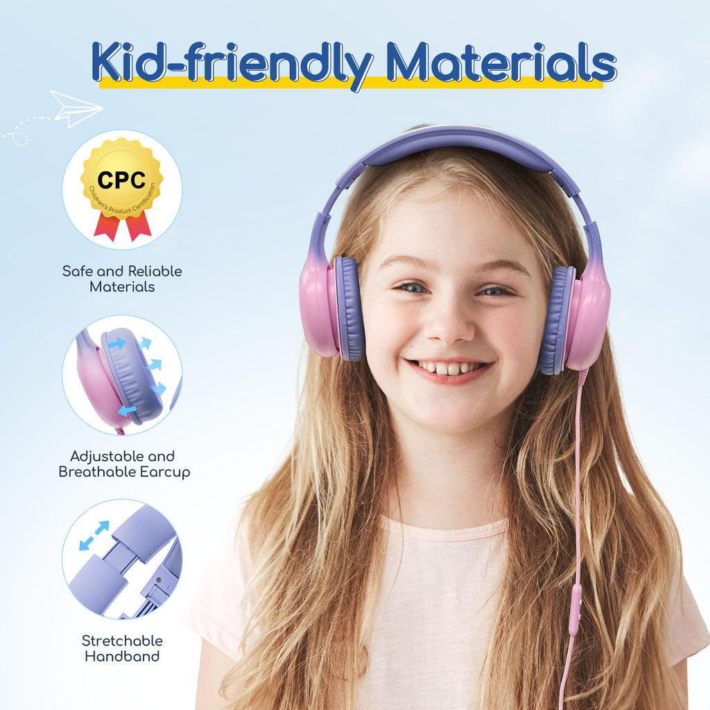 EarFun K1 Kids Headphones Wired with Microphone, 85/94dB Volume Limit Headphones for Kids, Portable Wired Headphone with Shareport, Stereo Sound Foldable Headset for School/Tablet/iPad, Black Red