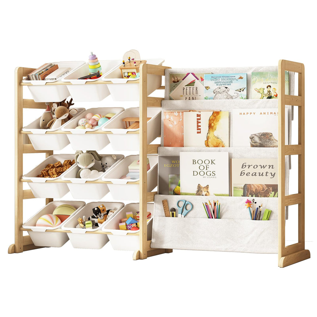 EXPERLAM Toy Storage Organizer with Bookshelf - 12 Storage Bins 4-Tier Multipurpose Shelf to Organize Toys and Books for Kids Room, Playroom, Nursery Room, Blue