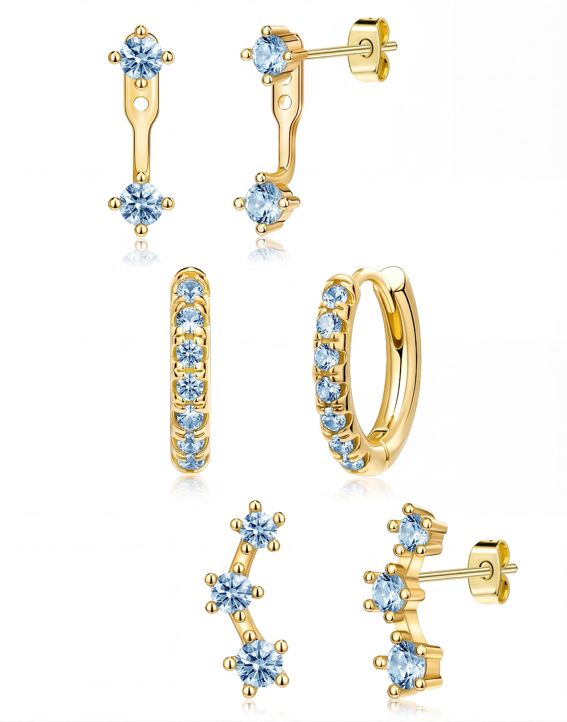 3 Pairs Dainty Small Earrings Set for Women Trendy, Birthstone Stud Huggie Hoop Jacket Stack for Cartilage Helix, Gold Plated Hypoallergenic Cute Women Fashion Accessories Western Jewelry Gifts