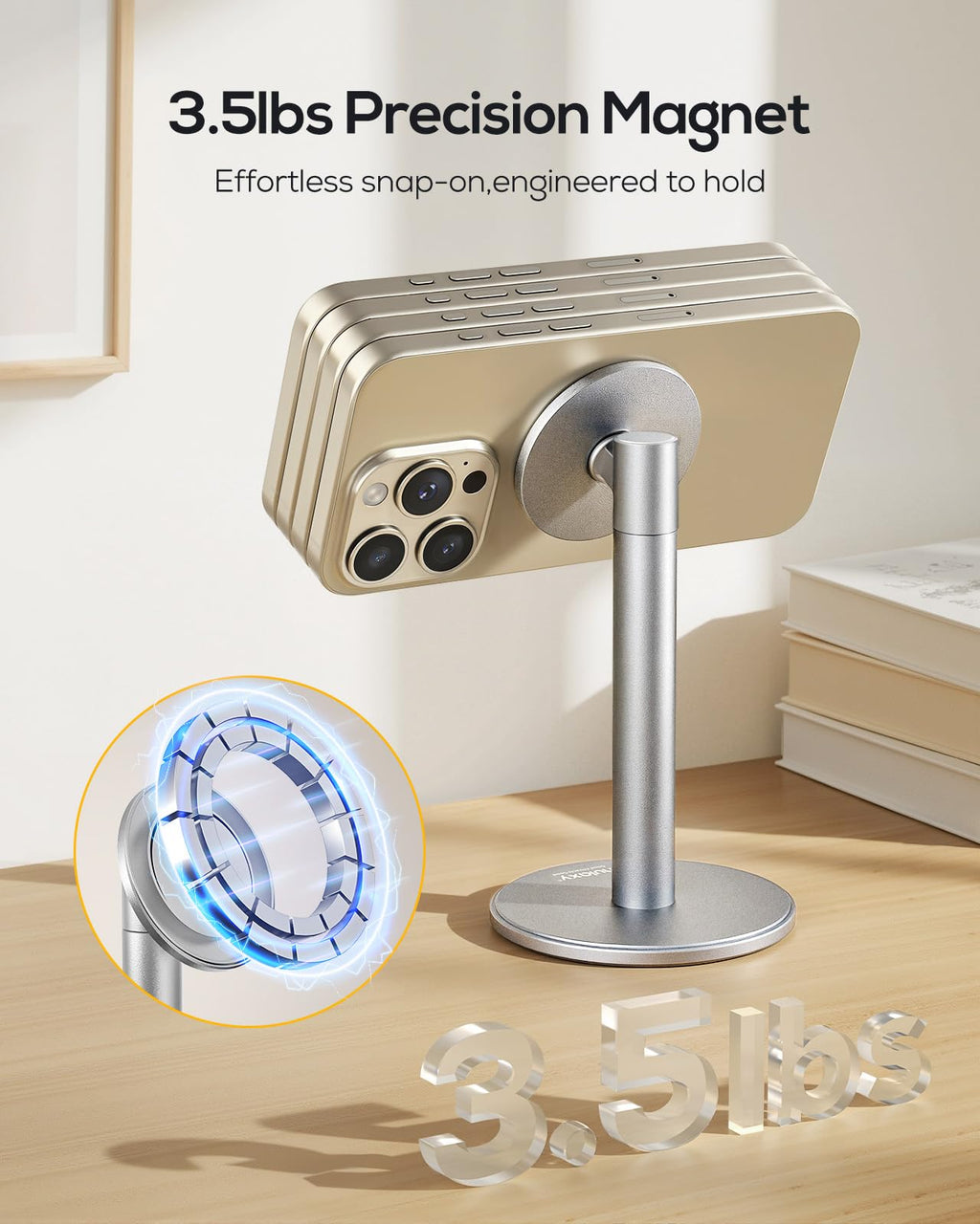 Nulaxy Magnetic Full Aluminum Cell Phone Stand for MagSafe with Metal Ring, 360 Rotating Phone Stand for Desk, Office Desk Accessories, Adjustable Phone Holder Compatible with All Phones, Gray