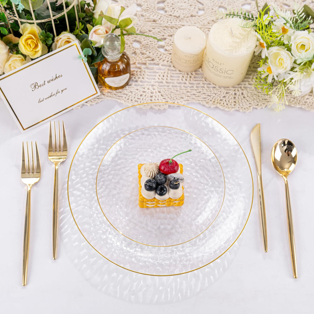 Rubtlamp 100Pcs Amber Gold Plastic Plates, Disposable Plates With Gold Rim, Heavy-duty Party Platos, Hammered Plastic Plates Include 50 Clear Dessert Plates, 50 Dinner Plates for Party