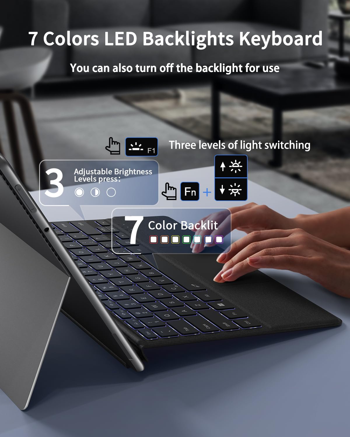 Surface Pro 12" Device Keyboard, 7 Color Backlits Bluetooth Wireless Magnetic Type-Cover for Microsoft Surface Pro 12 inch 2025, Smart Sleep/Wake Multi-Touch Trackpad, Ultra-Slim Type-C Rechargeable