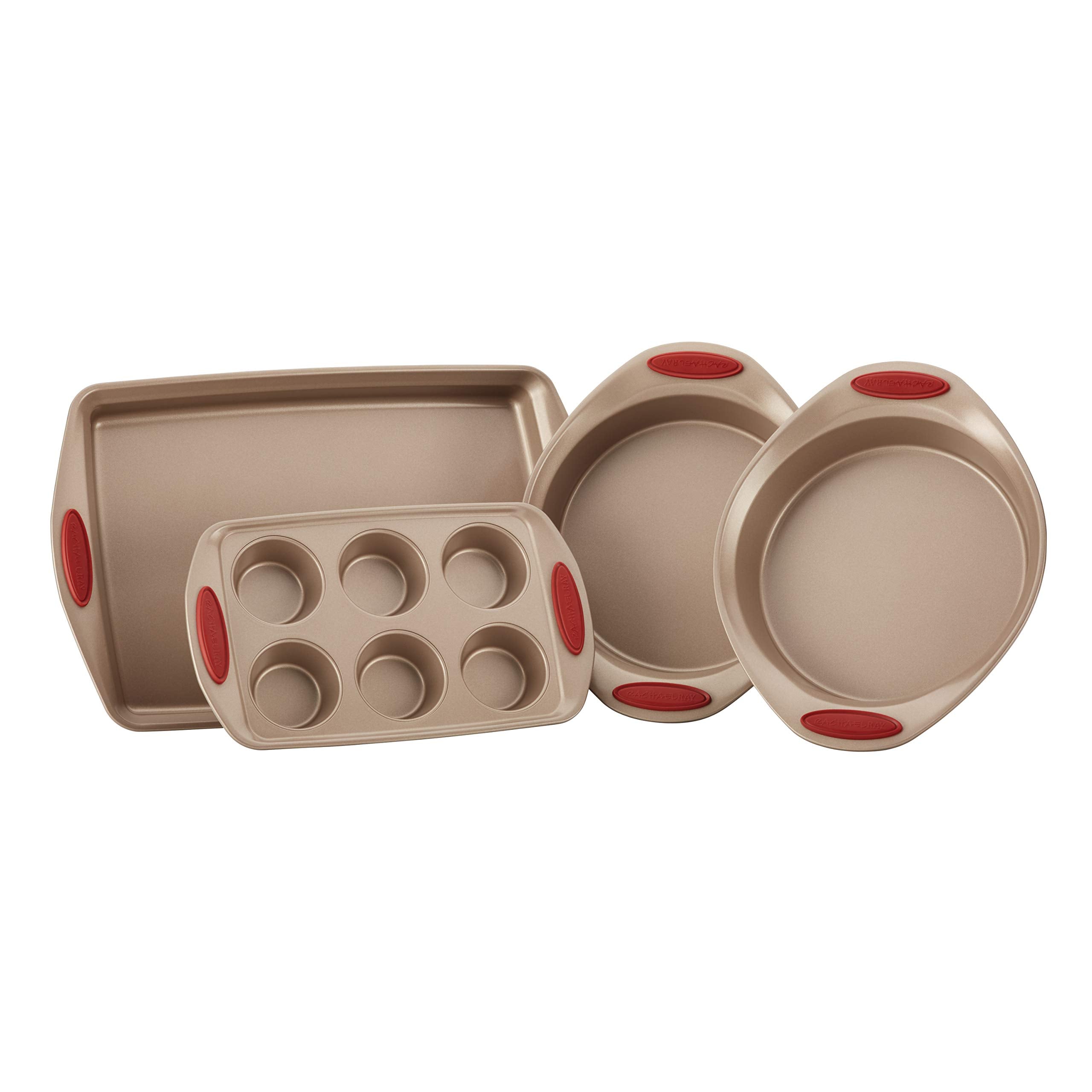 Rachael Ray Cucina Bakeware Set Includes Nonstick Cake Cookie Baking Sheet and Muffin Cupcake Pan, 4 Piece, Latte Brown with Agave Blue Grips