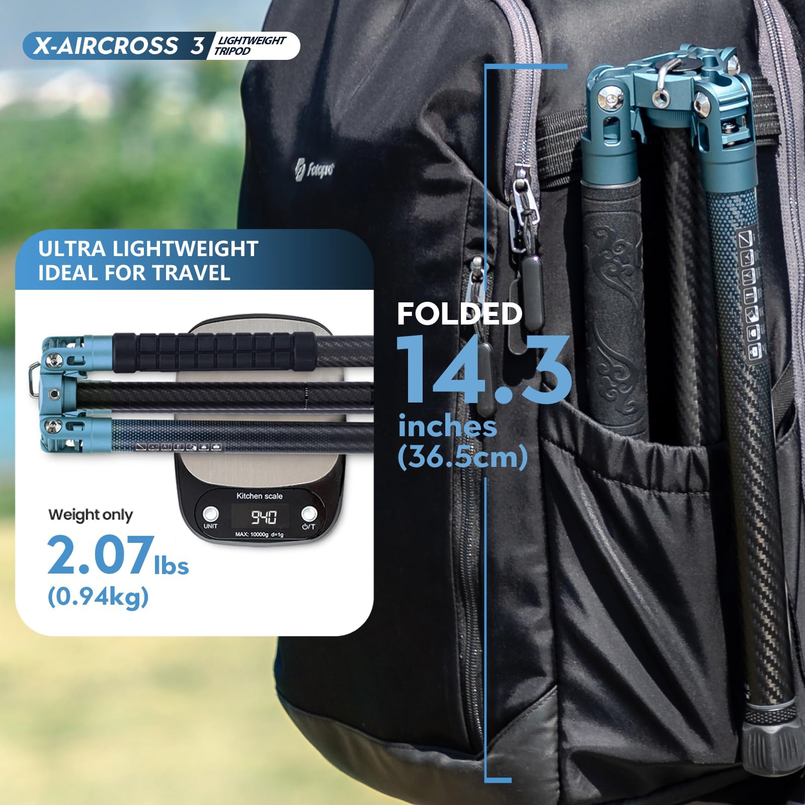 Fotopro 60" Camera Tripod, Carbon Fiber Travel Tripod with 360° Ball Head, Ultralight 2.1lbs, 22lbs Load, Quick Lock, Folds to 14.3" Carry-On, for DSLR Mirrorless Cameras, X-Aircross 3 Blue