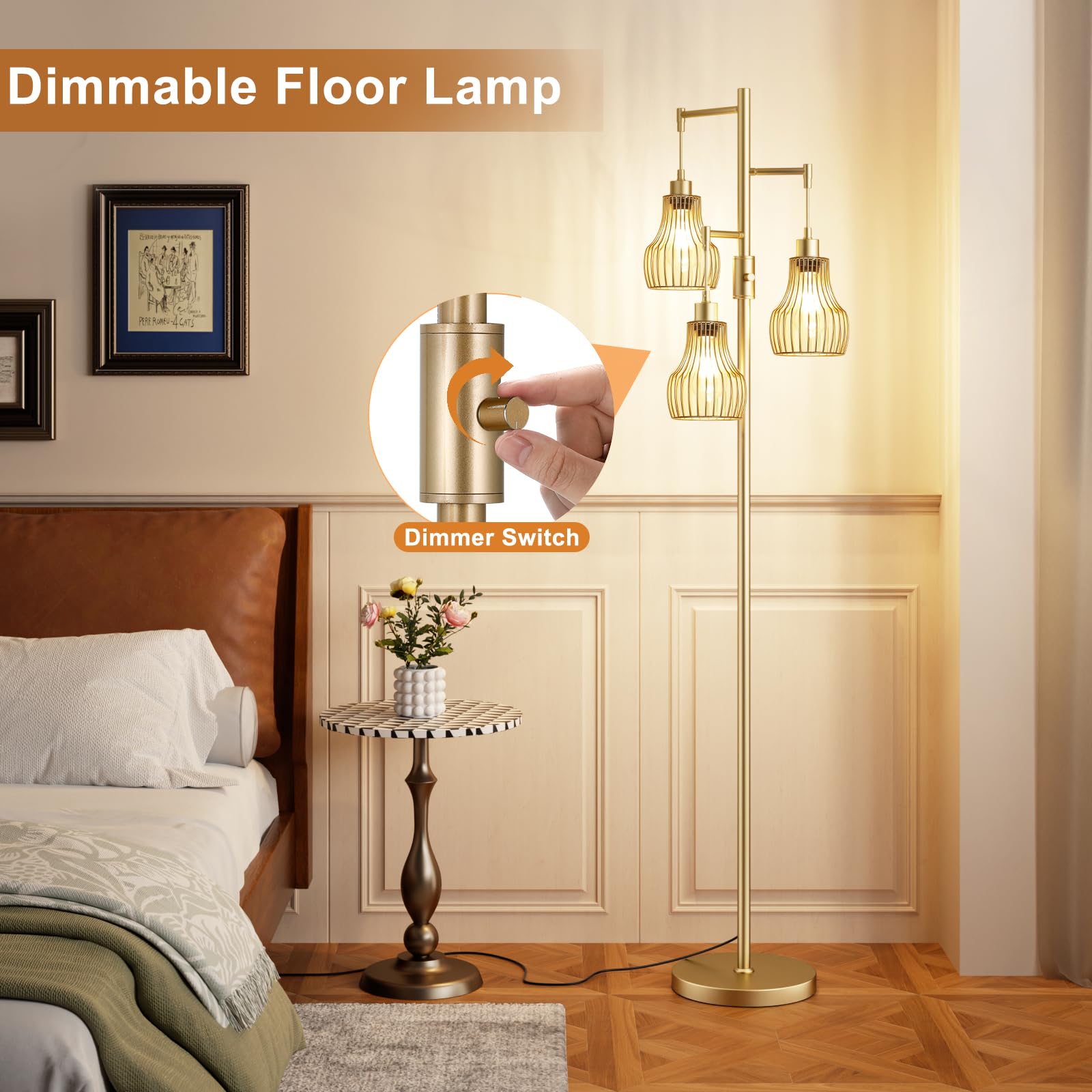 Ziisee Dimmable Floor Lamps for Living Room, Industrial Tree Standing Tall Lamps with 3 Elegant Cage Shade & 800 Lumens LED Bulbs for Bedroom Office - Brown