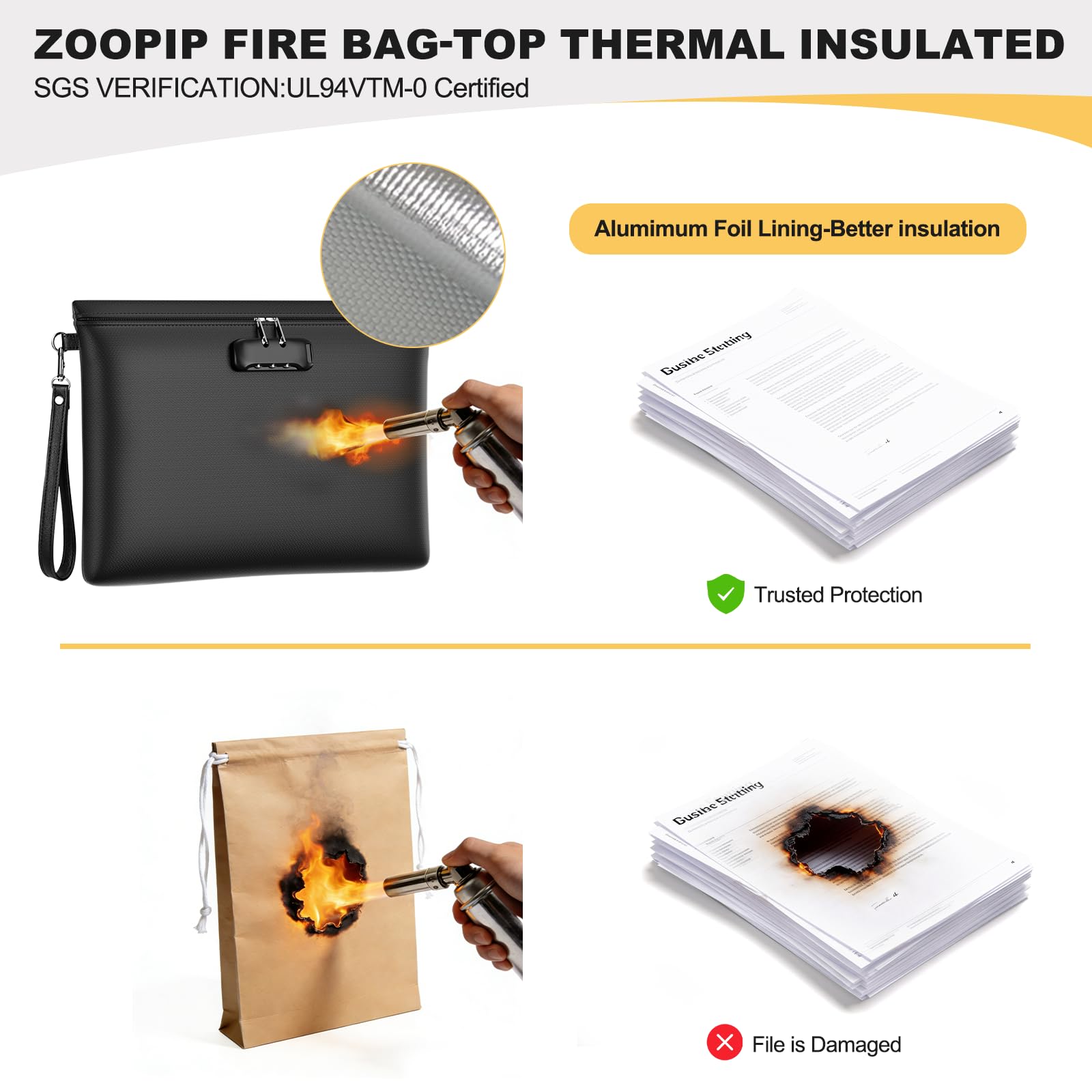 Fireproof Money Bag with Lock, 11.2"x7.6" Fireproof Cash Bag with Zipper Closure, Storage Pouch for A5 Size Document, Cheque, Cash, Cell Phone, Tablet, Credit Card, Passport, Jewelry (Black)