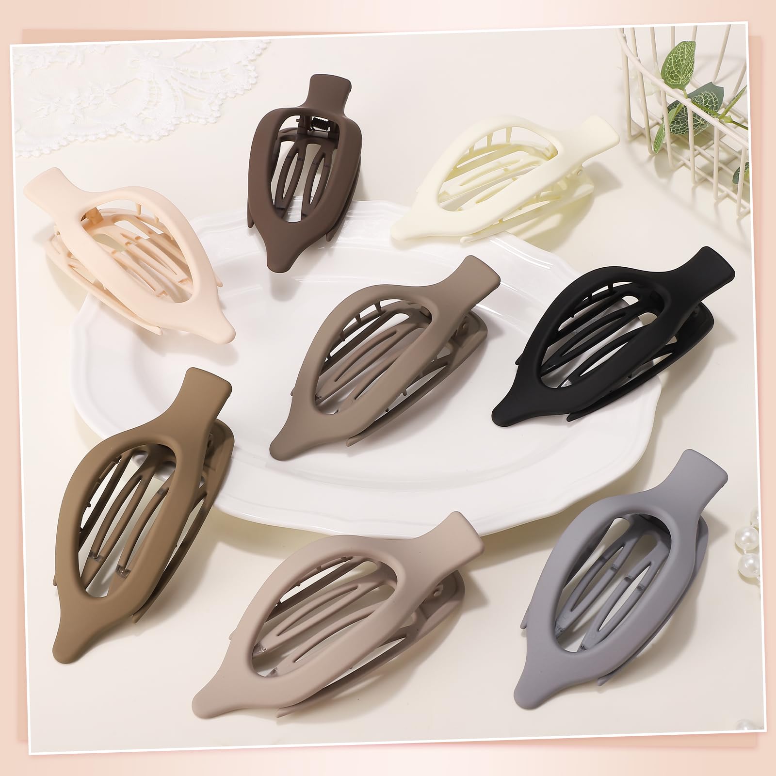 Obeoby 8 Pcs Flat Claw Clips for Women, Strong Hold French Flat Hair Clips for Thick Thin Hair Barrettes Accessories Round Large Medium (Tortoiseshell)