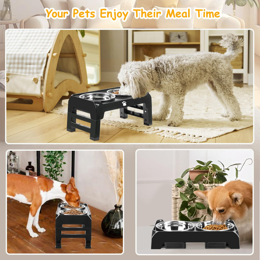 Elevated Dog Bowls 3 Height Adjustable Raised Bowl Stand with 25oz Stainless Steel Dog Food Bowls Anti-Slip for Small Dogs Adjusts to 7.5", 6", 2.75", Black