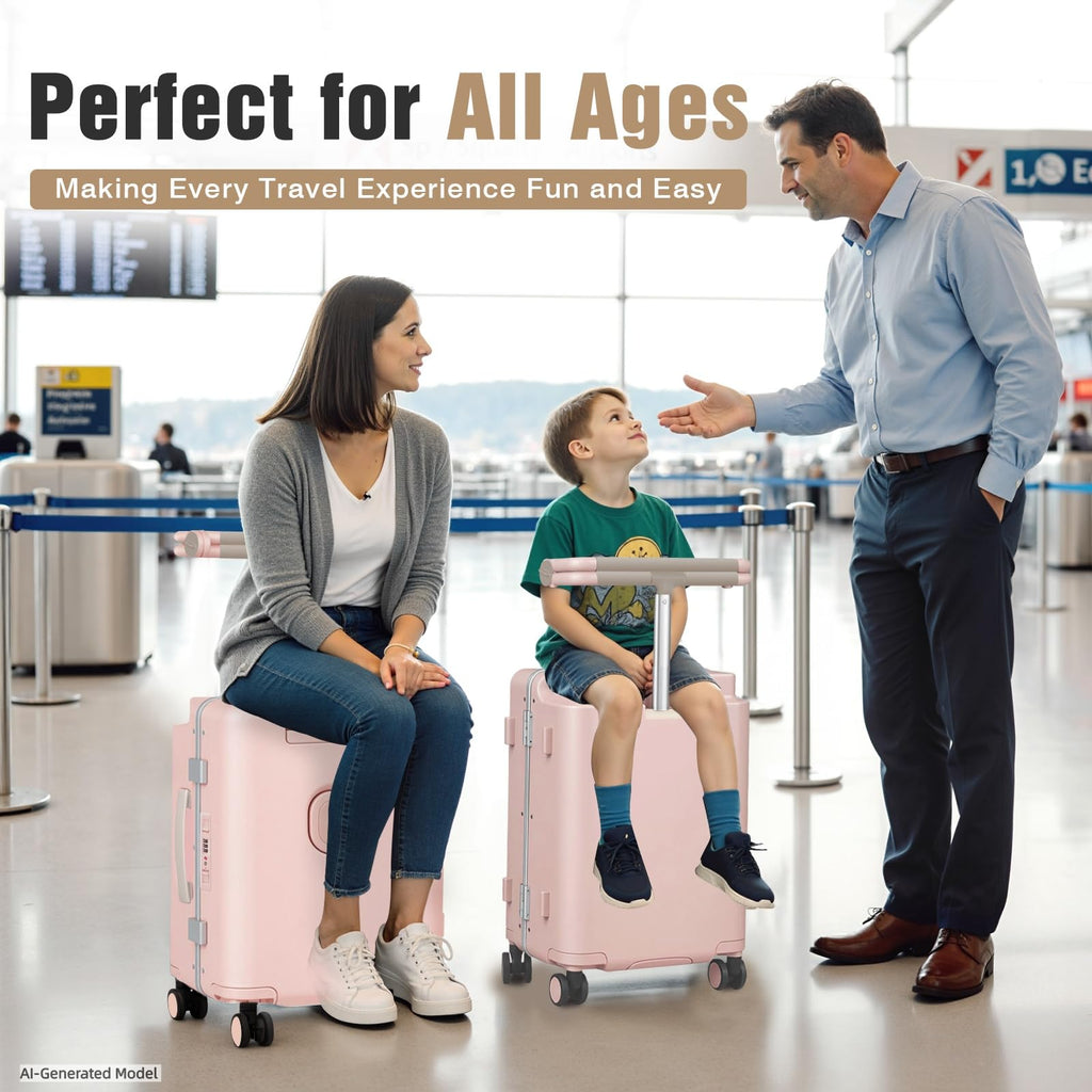 smilesun 20" Carry On Luggage with Seat For Kids & Adults，Hardside Ride On Suitcase Front Opening with 360°Spinner and TSA Lock For Travel (Black with Front Open, 20")