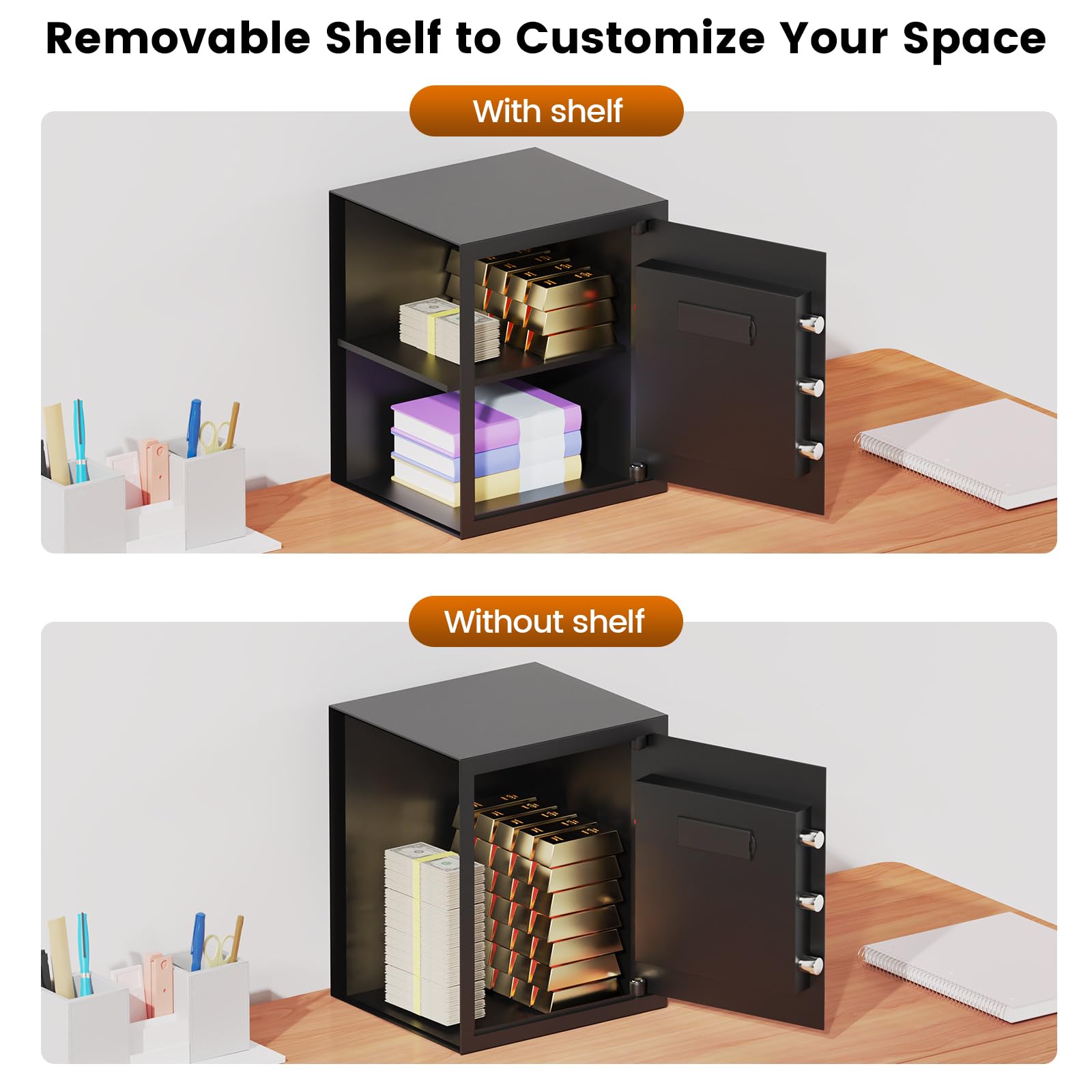 Home Safe Box, Safes with Fireproof Waterproof Bag, 9.84'' H Anti-Theft Digital Security Lock Box with Smart Alert System, Removable Shelf, Mute Function, Document Safes for Jewelry