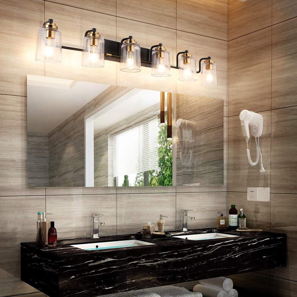 SOLFART 20.1 Inch Black Vintage Bathroom Vanity Light Fixtures Fixtures with Modern Glass Globe Shade Metal Brass Wall Lamp 2 Lights