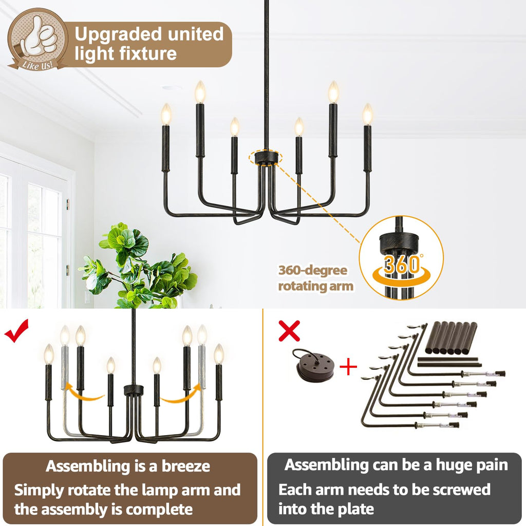 Rustic Black Chandelier, 6-Light Antique Farmhouse Chandelier for Dining Room Lighting Fixtures, Vintage Candle Pendant Light Fixtures Chandeliers for Dining Room Bedroom, Foyer and Living Room