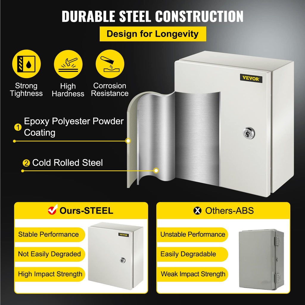 VEVOR NEMA Steel Enclosure, 8" x 8" x 6" NEMA 4X Steel Electrical Box, IP66 Waterproof & Dustproof, Outdoor/Indoor Electrical Junction Box, with Mounting Plate