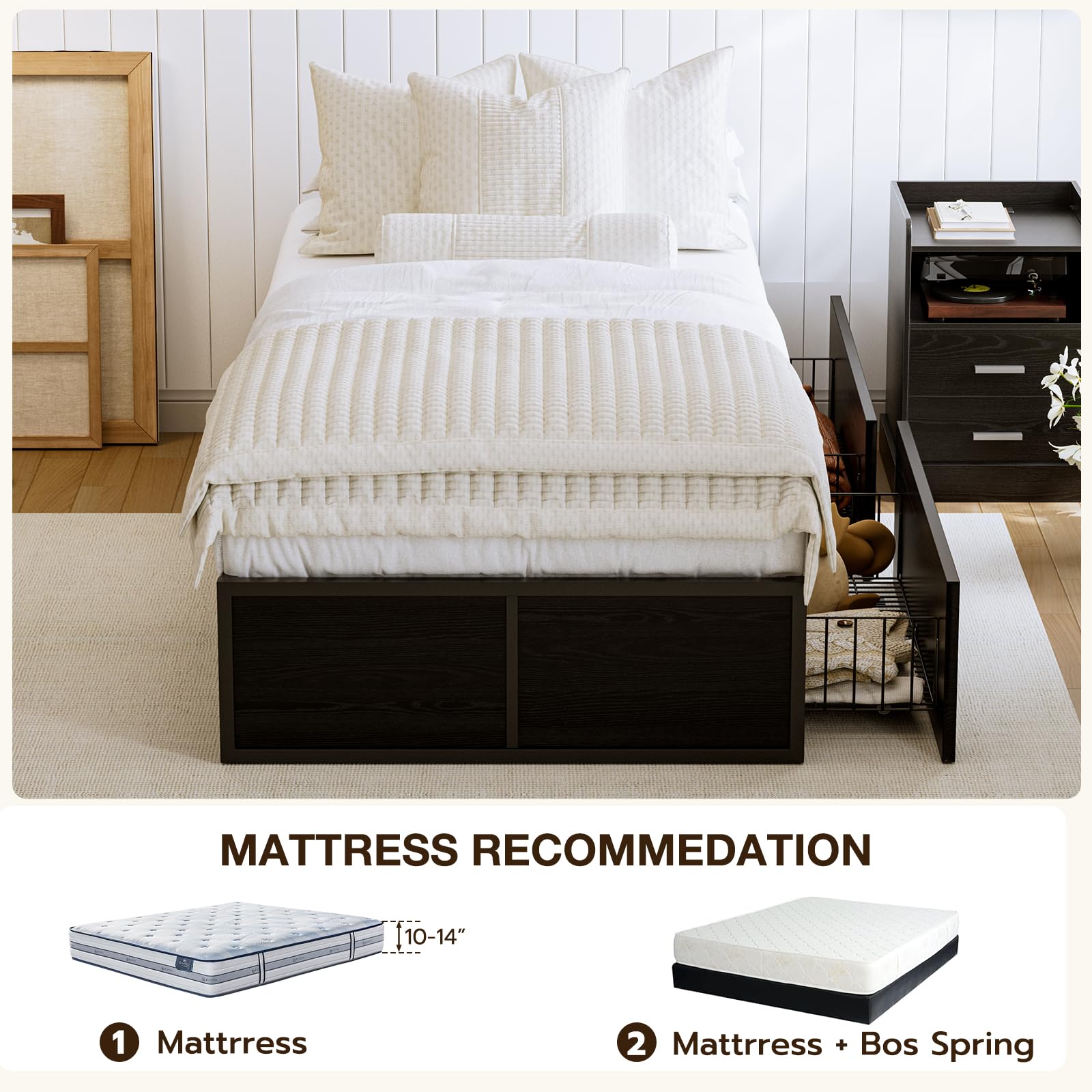 GAZHOME Twin Bed Frame with 2 XL Storage Drawers, Metal Platform Bed Frame with Footboard, 9 Strong Metal Slat Support/No Box Spring Needed/Easy Assembly/Space Saving Wood