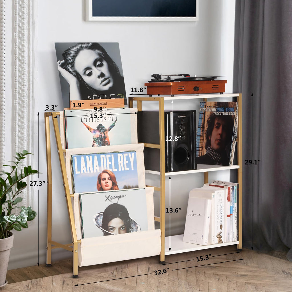 HYCFYJR Record Player Stand, 3-Tier Vinyl Record Storage, Turntable Stand with Now Playing Holder, Vinyl Display for Living Room, Grey & White