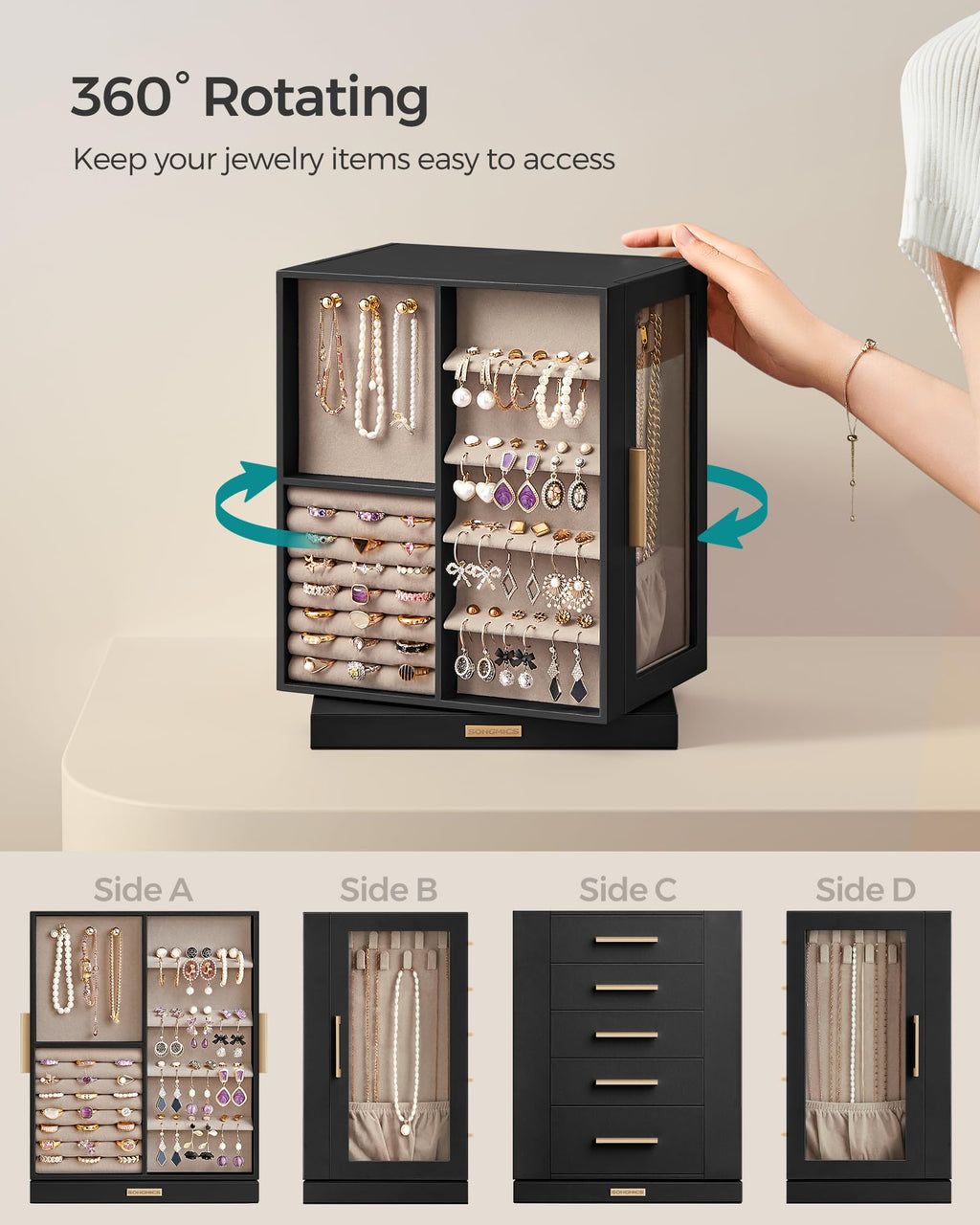 SONGMICS GISELLA Collection - Jewelry Box Organizer 360° Rotating, Vertical Jewelry Storage Case with 5 Drawers, Glass Window, Spacious, Open Design, Great Gift, Cloud White UJBC170W01