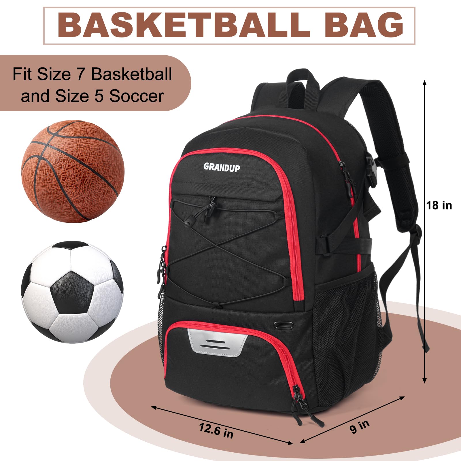 GRANDUP Basketball backpack with ball and shoes compartment Fit Volleyball, soccer, Swim, Gym, Travel, and School, large capacity sports training equipment bags