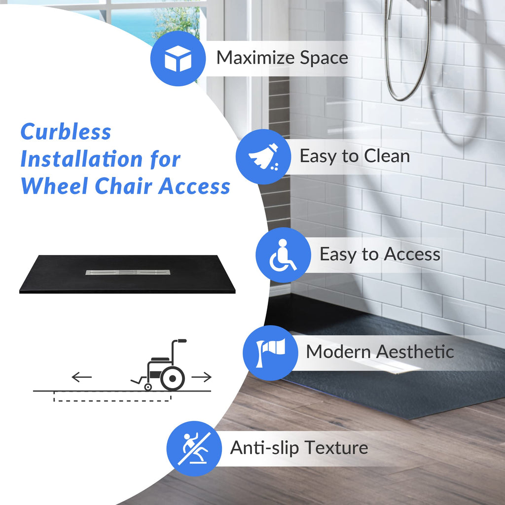 WOODBRIDGE 47.25 in L x 31.5 in W Zero Threshold Shower Base with Center Drain, Decorative Drain Plate, Tile Flange, Wheelchair Access, Low Profile, Black