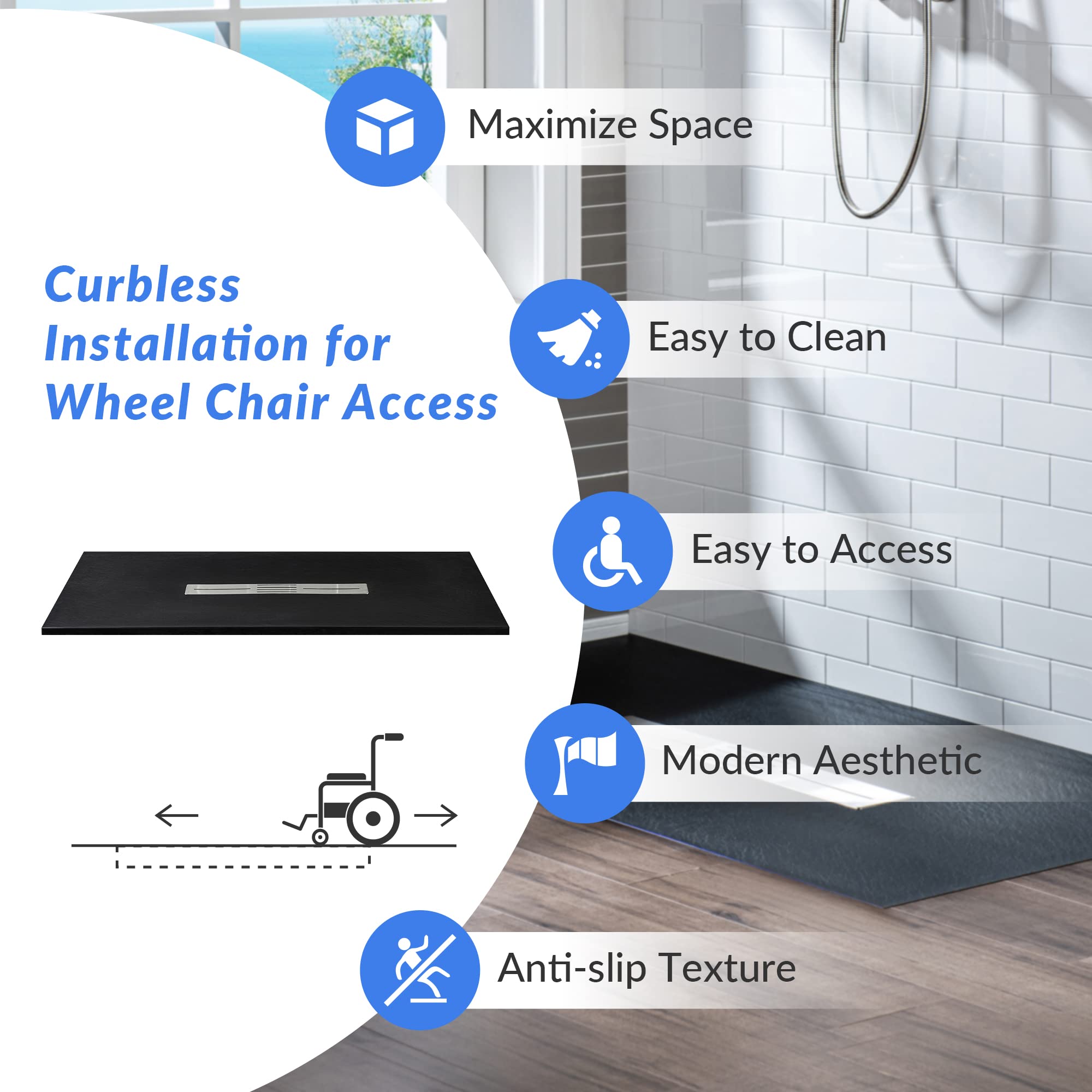 WOODBRIDGE 47.25 in L x 31.5 in W Zero Threshold Shower Base with Center Drain, Decorative Drain Plate, Tile Flange, Wheelchair Access, Low Profile, Black