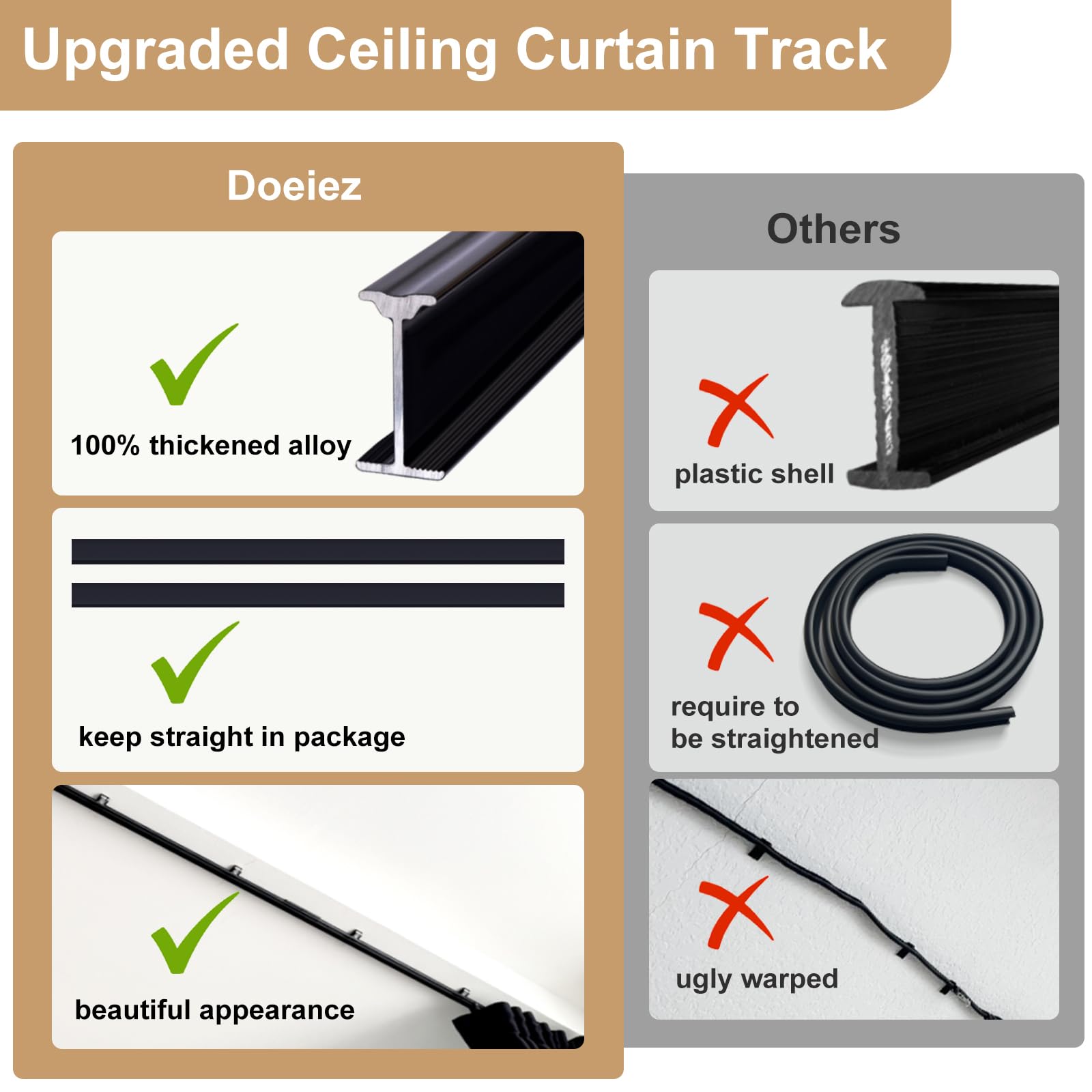 Room Divider Blackout Curtains Flexible Sliding Tracks Sets Ceiling Mounted Rod Window Curtain Privacy Separation for Bedroom Living Rooms,1 Panel Beige Drape and Black Track Set-W108xH72 in