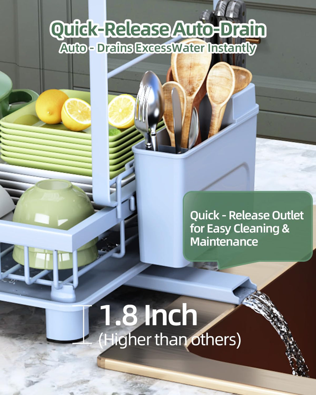 Dish Drying Rack, 2 Tier Space-Saving Dish Rack, Multifunctional Dish Drainer for Kitchen Counter with Drainboard/Utensil/Cup Holder Rustproof Carbon Steel, Black