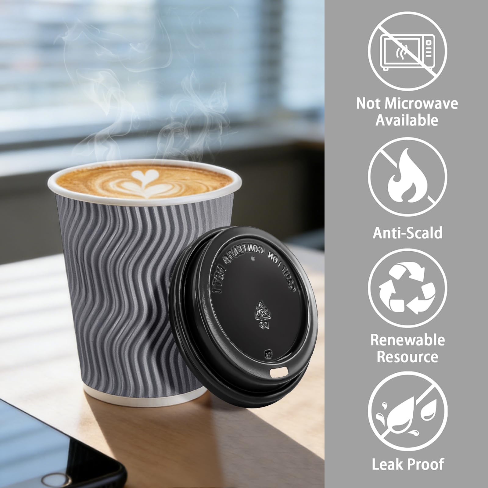 BYSNOW 100 Pack 10 oz Coffee Cups with Lids, Disposable Insulated Hot Cups To Go Paper Coffee Cups, Corrugated Ripple Wall Cup for Hot Drink, Office, Coffee Bar (Grey 10 oz)
