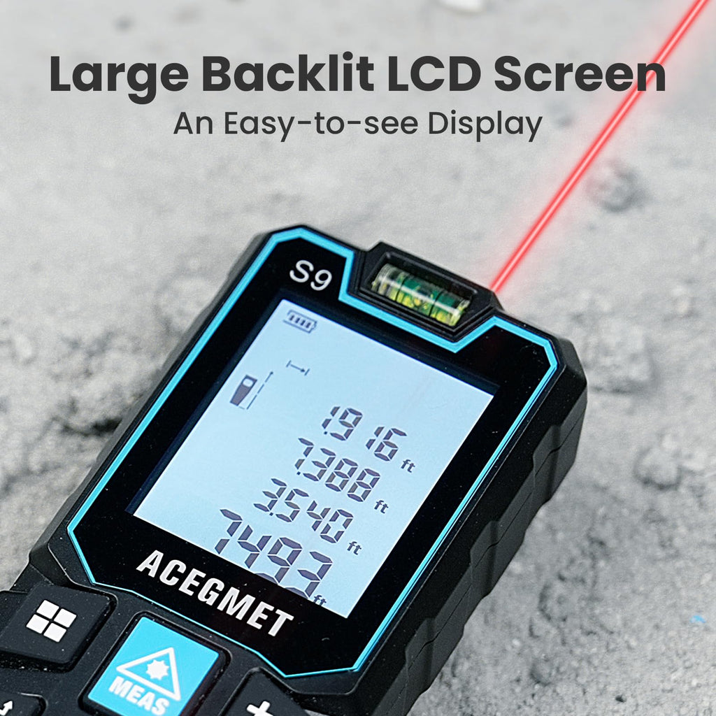 ACEGMET Laser Measure, 229ft/70m Laser Measurement Tool, S9 Room Laser Measuring Tool with 2 Bubble Levels, LCD Backlit Display, IP54 Waterproof, Pythagorean Mode for Distance, Area, Volume