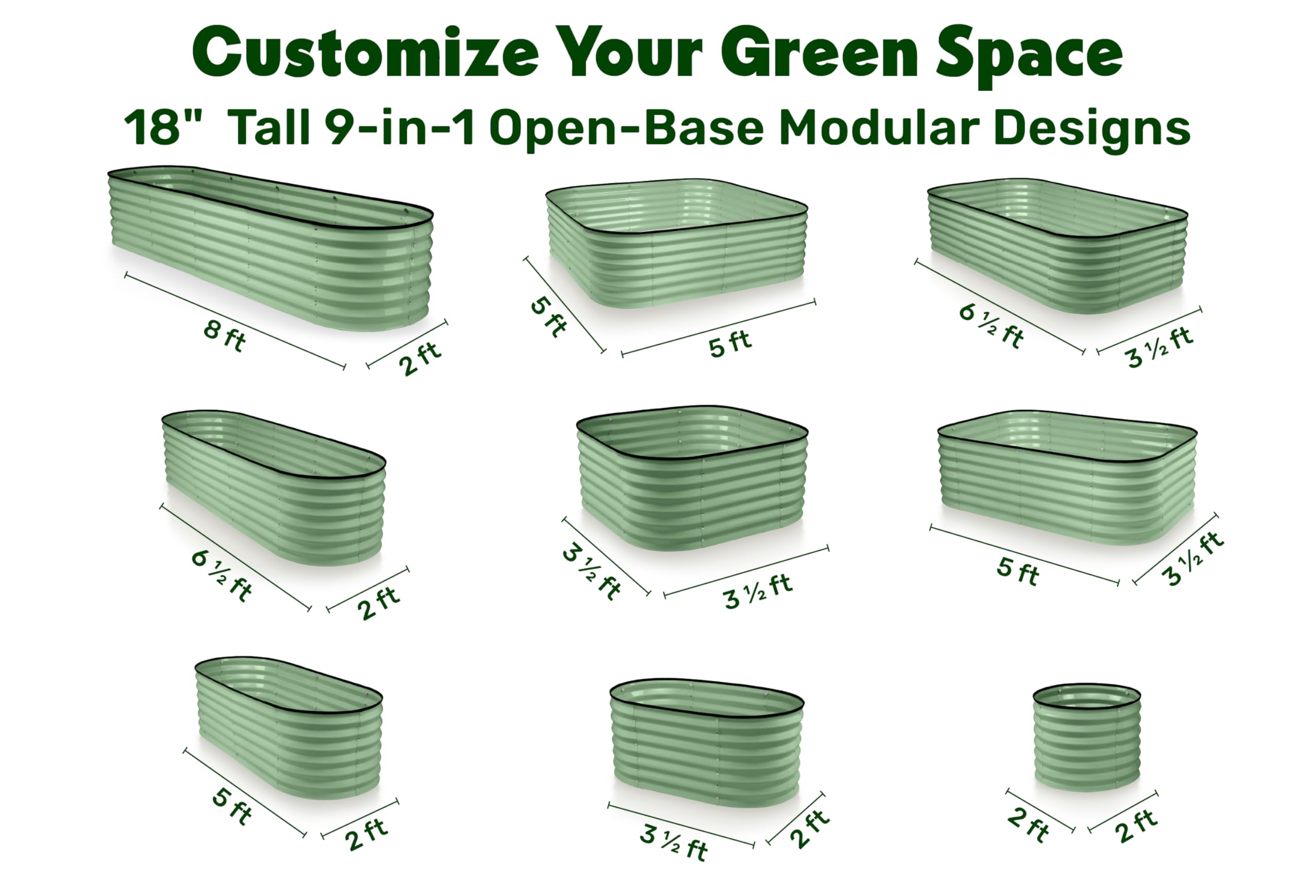 9-in-1 Galvanized Steel Raised Garden Bed // 8×2×1.5 ft Modular Planter for Gardening, Vegetables, Flowers // 18" Tall Metal Raised Garden Beds Outdoor (Dark Green) // Patented Design Planter Box