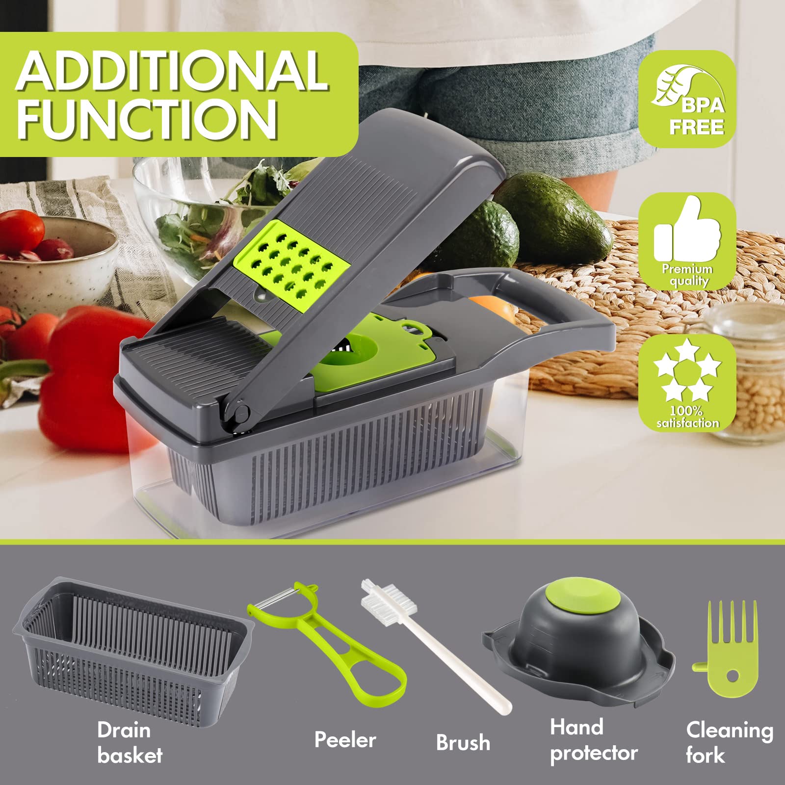 Ourokhome Vegetable Chopper Onion Cutter, 12 in 1 Professional Mandoline Slicer for Kitchen, Multifunctional Food Chopper for Potato, Tomato, Veggie with Strainer Basket, 8 Blades, Blue