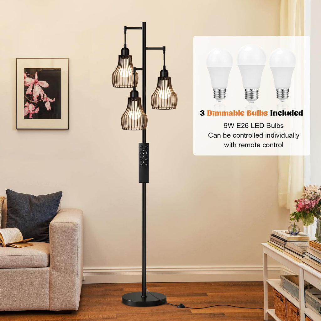 Ziisee Dimmable Floor Lamps for Living Room, Industrial Tree Standing Tall Lamps with 3 Elegant Cage Shade & 800 Lumens LED Bulbs for Bedroom Office - Brown