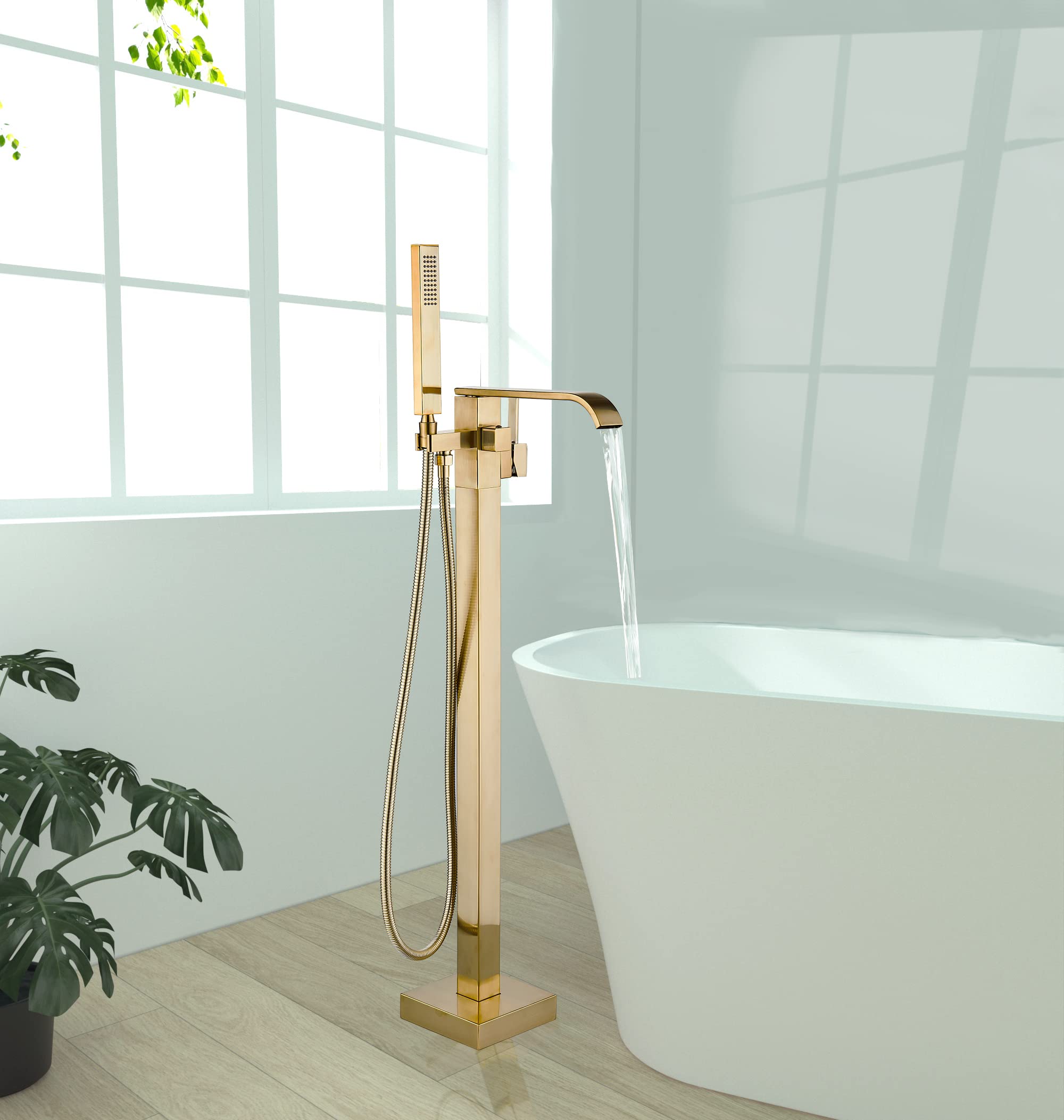 Brushed Gold Freestanding Bathtub Faucet with Hand Shower Tub Filler Faucet Floor Mounted High Flow Single Handle Bath Filler Solid Brass