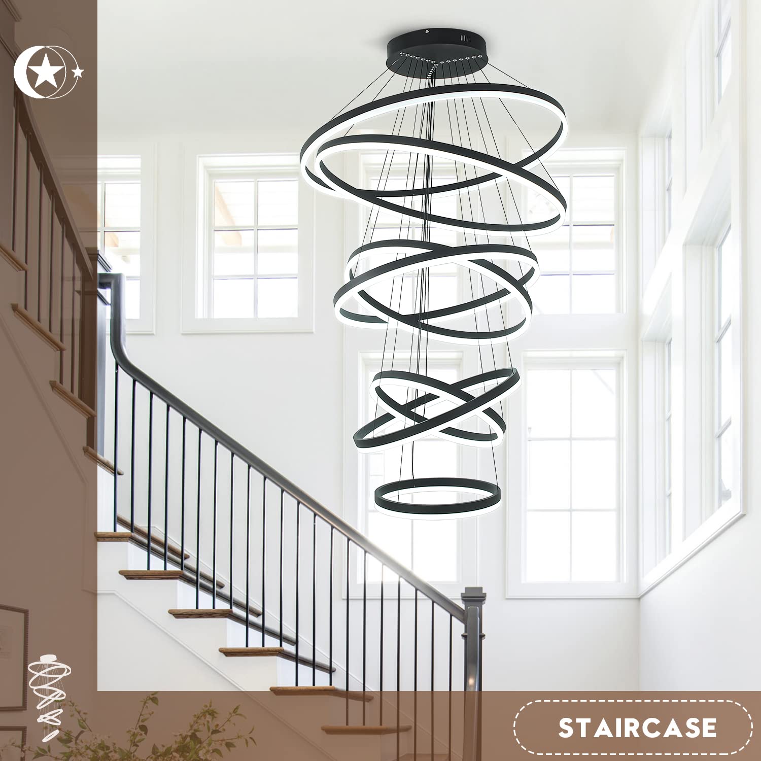 5-Rings Modern LED Chandelier Black Dimmable High Ceiling Chandelier for Dining Room with Remote Control for Foyer Living Room Entryway Staircase(D23.6’’, 3000K-6500K)