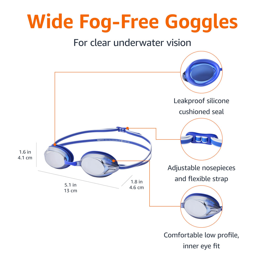 Amazon Basics Unisex Swim Goggles for Adults, Anti-Fog, Unisex, Wide View, 4 Interchangeable Nosepieces