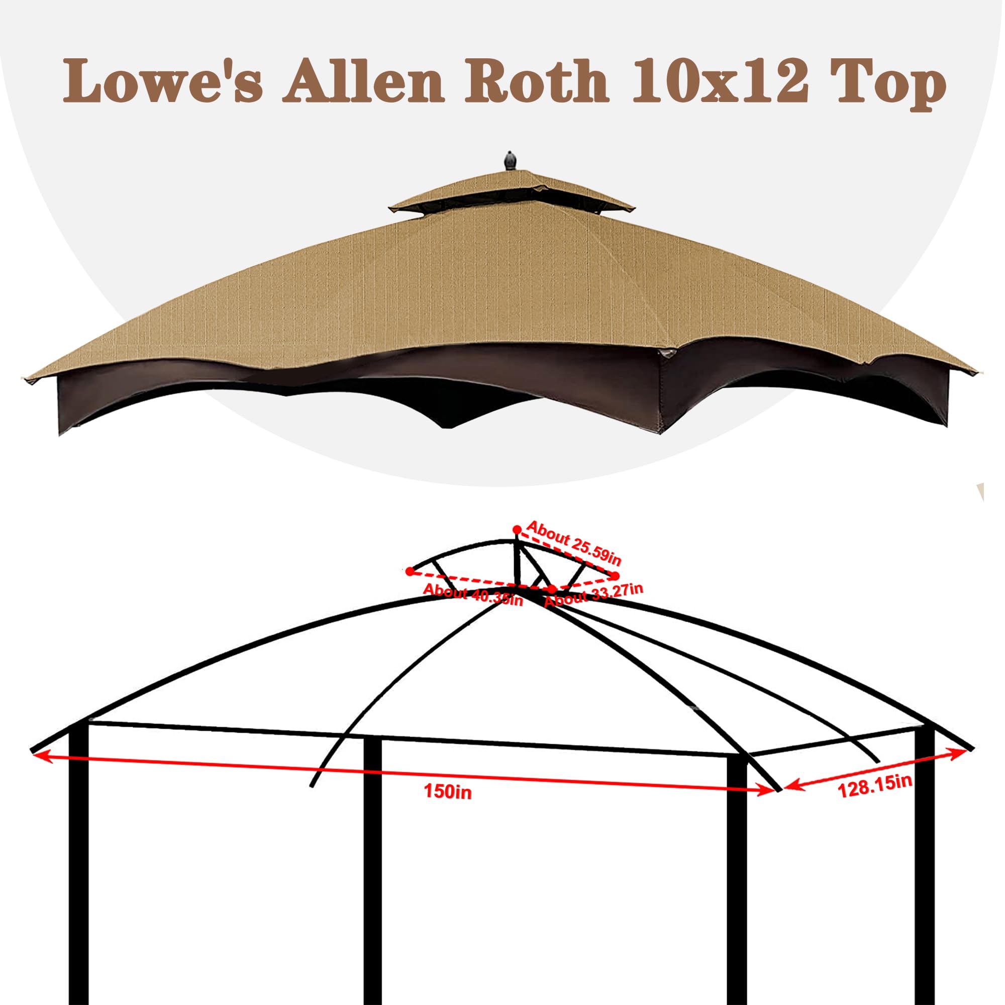 SCOCANOPY Replacement Top Compatible with The Lowe's Gazebo Model #GF-12S004B-1 / GF-12S004BTO (Grey Ripstop)
