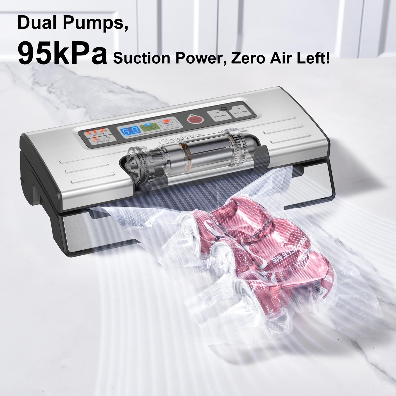 Gasbye 95kPa Precision Vacuum Sealer Machine, Double Heat Seal for Dry/Moist Food, Easy-Lock Handle, Built-in Bag Storage & Cutter, Progress Display, Pulse Mode, Removable Drip Tray, Silver